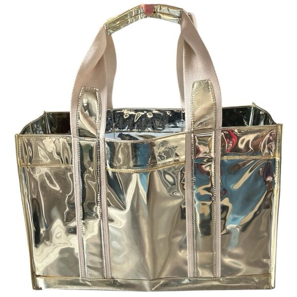 Tory Burch Vinyl Canvas Metallic Shiny Gold Large Tote Bag 16 x 11 x 7" - Picture 2 of 15